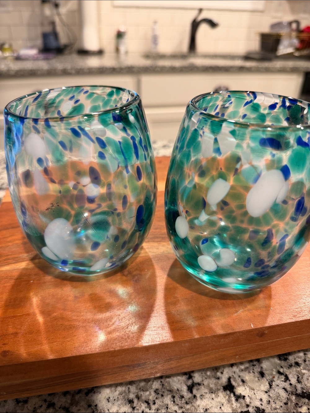 Hand-Blown Glass Tumblers in Teal, Blue & White